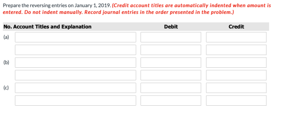 Prepare the reversing entries on January 1, 2019. (Credit account titles are automatically indented when amount is entered. D