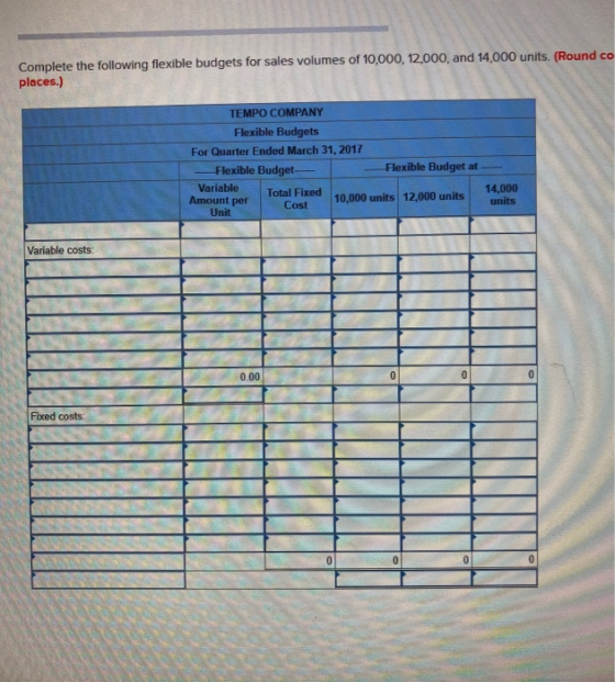 Complete the following flexible budgets for sales volumes of 10,000, 12,000, and 14,000 units. (Round ca places.) TEMPO COMPA