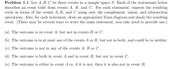 Problem 1.1 Let A, B, C be three events in a sample space S. Each of the statements below describes an event built from events A, B, and C. For each statement, express the resulting event in terms of the events A, B, and C using only the complement, union, and intersection operations. Also, for each statement, draw an appropriate Venn diagram and shade the resulting event. (There may be several ways to write the same statement, you only need to provide one.) (a) The outcome is in event A, but not in events B or C. (b) The outcome is in at most one of the events A or B, but not in both, and could be in neither (c) The outcome is not in any of the events A, B or C. (d) The outcome is both in event A and in event B, but not in event C. (e) The outcome is either in event A or, if it is not, then it is also not in event B.