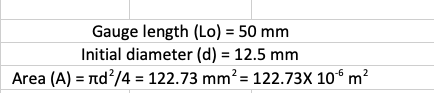 Gauge length (Lo) = 50 mm Initial diameter (d) = 12.5 mm Area (A) d/4 = 122.73 mm2 122.73X 106 m2