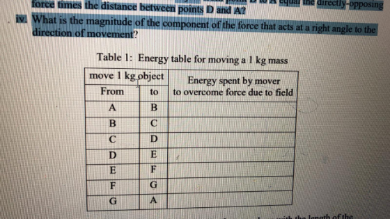 ly-opposing force times the distance between points D and A2 direction of movement? ii What is the magnitud onent of the force that acts at a right angle to the Table 1: Energy table for moving a 1 kg mass move 1 kg objectEnergy spent by mover From to to overcome force due to field