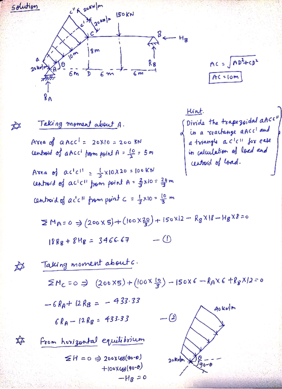 solution 150KN Hg AC= JAD?+CD² (Ac=lom ☆ Taking moment about A. Hint. (Divide the trapezoidal a Acc/ a in a reactange a acel