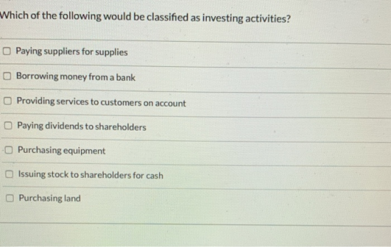 Which of the following would be classified as investing activities? Paying suppliers for supplies Borrowing money from a bank