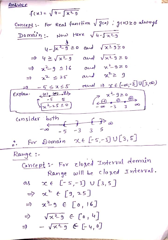 Andwer. f(x2= √4-5x²g Concept : For Real function gex) : ge4220 always Domain : Now here ſu-sa2g u-se ²-g zo and ſx²gzo 4 =√x