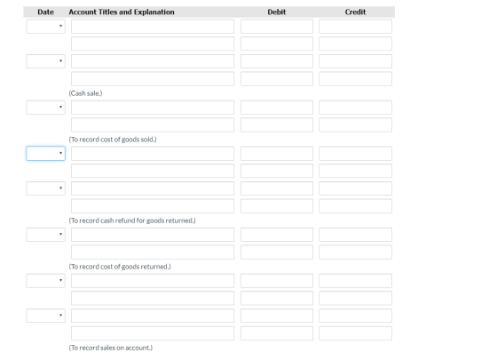 Date Account Titles and Explanation Debit Credit (Cash sale.) (To record cost of goods sold.) (To record cash refund for good
