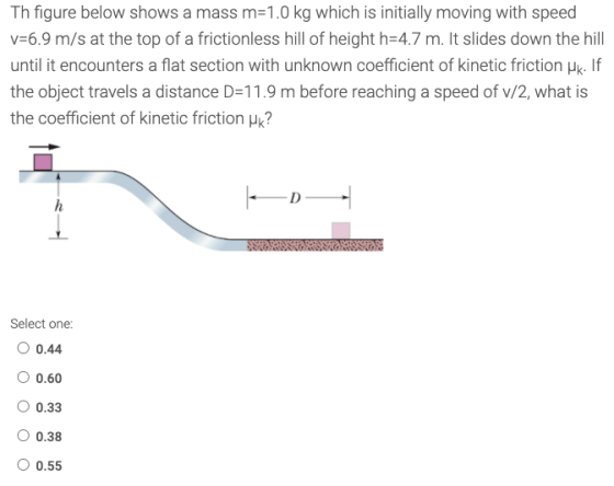 Th figure below shows a mass m=1.0 kg which is initially moving with speed v=6.9 m/s at the top of a frictionless hill of hei
