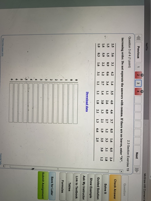 Next increasing order. Do not separate the answers with comma. If there are no leaves, enter N. Check Answer 2.5 3.6 3.1 4.2 1.4 3.5 4.0 4.6 3.7 0.5 1.6 0.5 2.4 1.5 1.5 0.9 0.6 3.4 1.1 2.6 0.9 2.7 1.2 33 3.1 1.8 1.6 59 2.2 1.2 2.7 14 3.8 1.3 2.1 1.9 3.5 3.0 1.2 1.0 0.3 1.6 3.1 1.1 1.1 1.8 2.1 1.3 6.6 2.5 Download data Tables