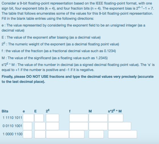 Consider a 9-bit floating-point representation based on the IEEE floating-point format, with one sign bit, four exponent bits (k = 4), and four fraction bits (n = 4). The exponent bias is 24-1-1-7. The table that follows enumerates some of the values for this 9-bit floating-point representation. Fill in the blank table entries using the following directions: e : The value represented by considering the exponent field to be an unsigned integer (as a decimal value) E: The value of the exponent after biasing (as a decimal value) 2E: The numeric weight of the exponent (as a decimal floating point value) f: the value of the fraction (as a fractional decimal value such as 0.1234) M : The value of the significand (as a floating value such as 1.2345) s 2E M: The value of the number in decimal (as a signed decimal floating point value). The s is equal to +1 if the number is positive and -1 if it is negative. Finally, please DO NOT USE fractions and type the decimal values very precisely (accurate to the last decimal place). Bits e E 2 s*2E M 1110 1011 0 0110 1001 1 0000 1100
