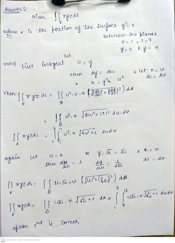 Answer & Given where & is the portion of the surface y ² 2 between the planes Z=1,2-7 Y=3 2 y = 4 nous first integral uzy let