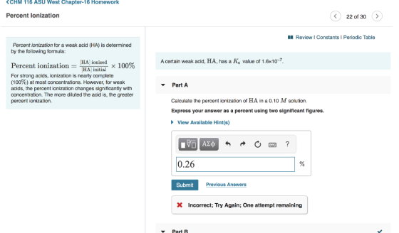 <CHM 116 ASU West Chapter 16 Homework Percent lonization © 22 of 30 > u Review | Constants Periodic Table Percent ionization