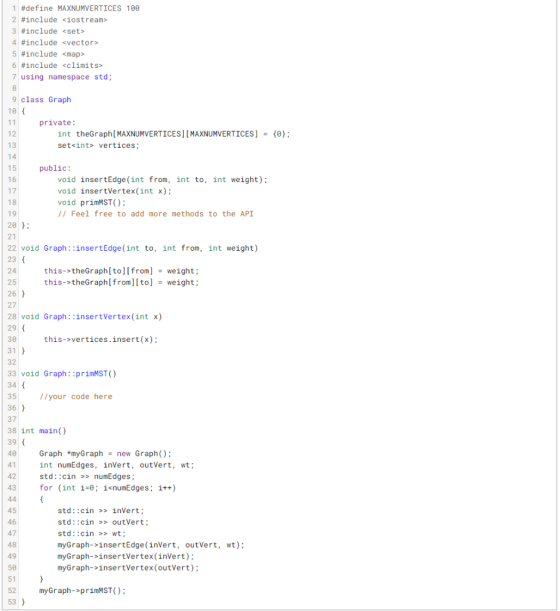 1 #define MAXNUMVERTICES 100 2 #include <iostream> 3 #include <set> 4 #include <vector> 5 #include <map> 6 #include <climits>