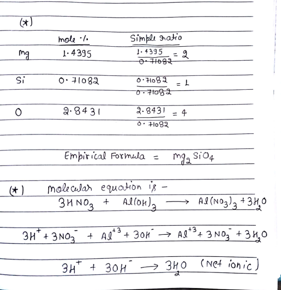 Simpl Shatio hmole 1-4395 mg O71082 Si O 1083 2.84 3 a.843 O 4 O1o82 Empirical Formula Si04 ma Mole cular equation is (* ) AJ