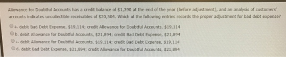 Allowance for Doubtful Accounts has a credit balance of $1,390 at the end of the year (before adjustment), and an analysis of