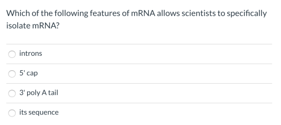 Which of the following features of mRNA allows scientists to specifically isolate mRNA? o introns O 5 cap O 3 poly A tail O