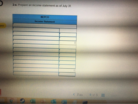 2-a. Prepare an income statement as of July 31. NEPCO Income Statement Pue 5. 5 DIE