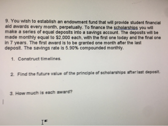 9. You wish to establish an endowment fund that will provide student financial aid awards every month, perpetually. To financ
