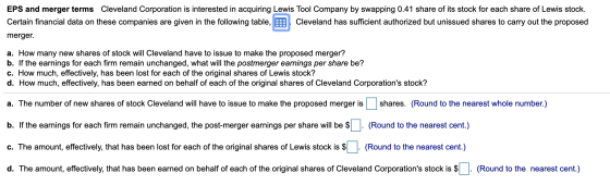 EPS and merger terms Cleveland Corporation is interested in acquiring Lewis Tool Company by swapping 0.41 share of its stock