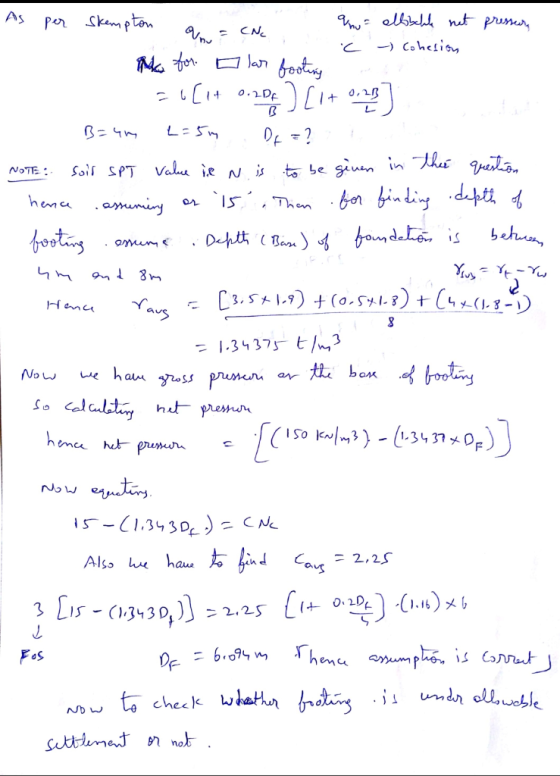 As own CNC NOTE: amera end om Hence raus 8 Now per Skempton que elbibelle not pressur C - Cohesion Mo for o las footing [14 0