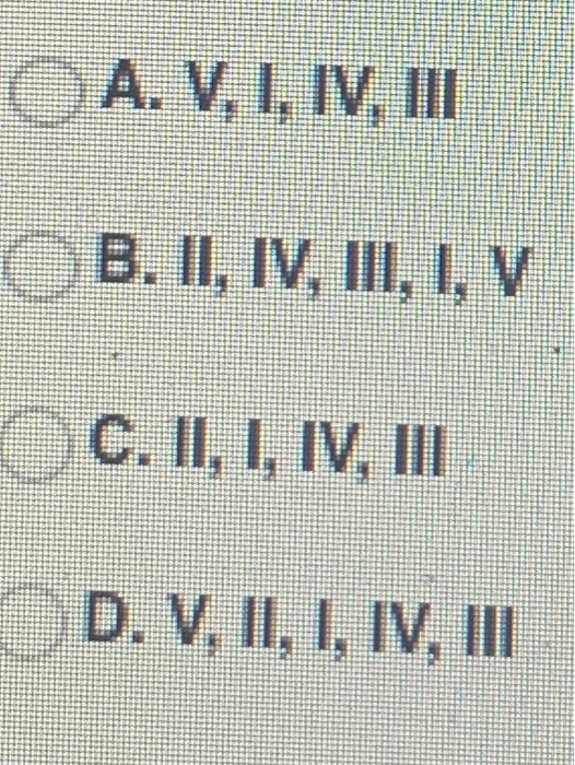 OA. V, I, IV, III B. II, IV, III, I, V C. II, I, IV, III D. V, II, I, IV, III