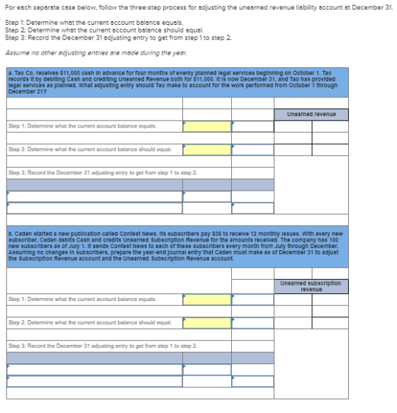 For each separate cose below, follow the three-step process for adjusting the uneared revenue liability account at December 3