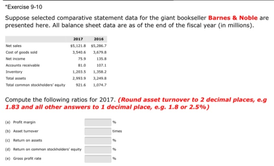 *Exercise 9-10 Suppose selected comparative statement data for the giant bookseller Barnes & Noble are presented here. All ba