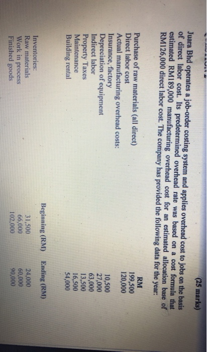 (25 marks) Juara Bhd operates a job-order costing system and applies overhead cost to jobs on the basis of direct labor cost.
