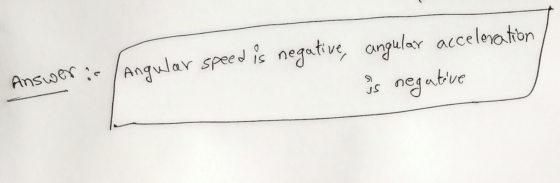 Answer is Angular speed is negative, angular acceleration is negative >)