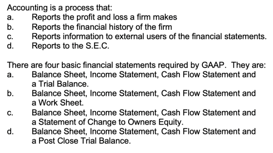 Accounting is a process that: Reports the profit and loss a firm makes Reports the financial history of the firm Reports info