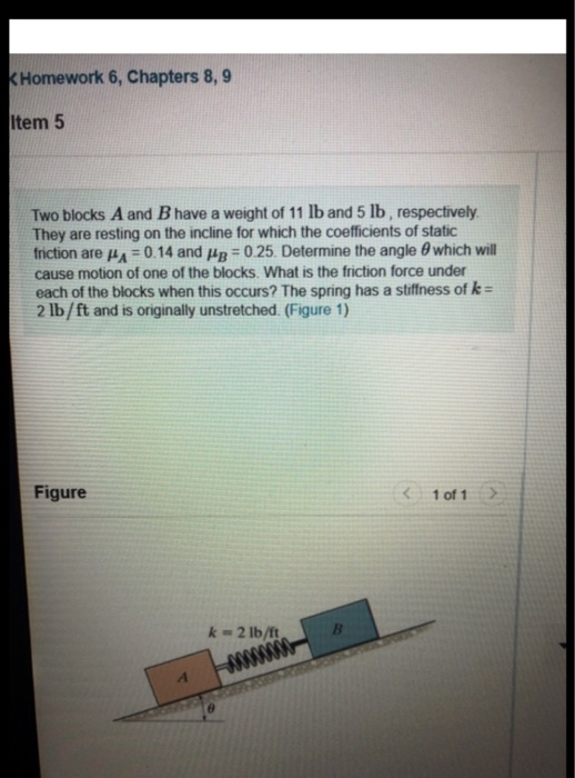 KHomework 6, Chapters 8, 9 Item 5 Two blocks A and B have a weight of 11 lb and 5 lb, respectively They are resting on the in