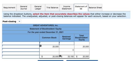 Requirement General Journal General Ledger Trial Balance Income Statement Statement of SE Balance Sheet Using the dropdown bu