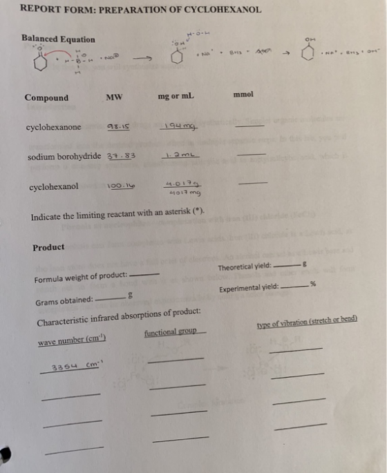 REPORT FORM: PREPARATION OF CYCLOHEXANOL Balanced Equation గలా +No H-8- Compound MW mmol mg or mL cyclohexanone १4 g- 98.15 s