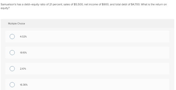 Samuelsons has a debt-equity ratio of 21 percent, sales of $5,500, net income of $900, and total debt of $4,700. What is the
