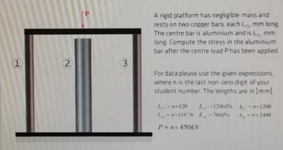 rests on two copper bars, each Licu mm long The centre bar is aluminium and is La mm long. Compute the stress in the aluminiu