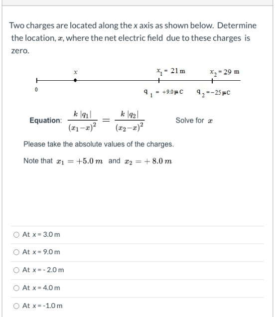 Two charges are located along the x axis as shown below. Determine the location, x, where the net electric field due to these
