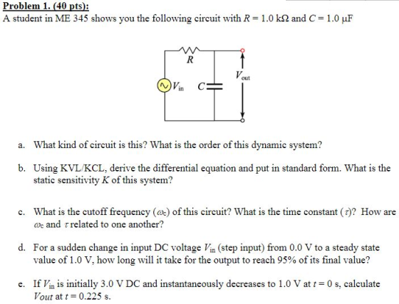 Problem 1. (40 pts): A student in ME 345 shows you the following circuit with R=1.0 k 2 and C = 1.0 uF Vout Vin c= a. What ki