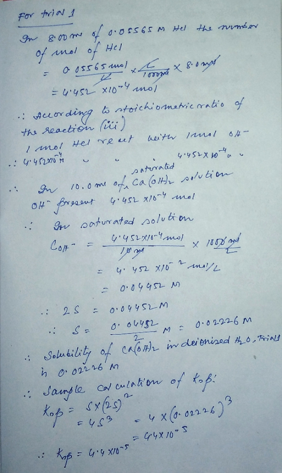 for tria 1 in an 8.oom of 0.05565 Hel the morser of mot of Hel - 0 05565 molt & zout - 4.452 x 10 mol . According to stoichio