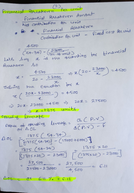 (2) Per unit financial Breake financial Breakeren Amout = het contribution per unit a financial Breakeven contribution per un