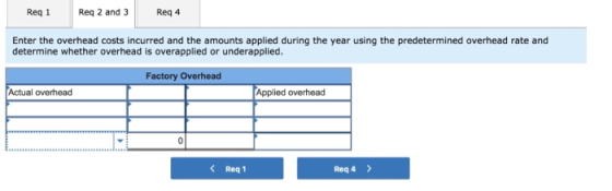 Reqi Req 2 and 3 Reg 4 Enter the overhead costs incurred and the amounts applied during the year using the predetermined over