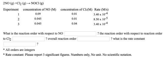 2NO(g) +Cl2 (g) → NOCI (8) Experiment concentration of NO (M) 0.09 0.045 0.045 concentration of Cl2(M) Rate (M/s) 0.01 3.40 x