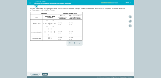 O ADVANCED MATERIAL Identifying hydrogen-bonding interactions between molecules Lauren For each compound in the table below,