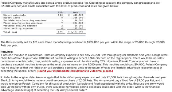 Polaski Company manufactures and sells a single product called a Ret. Operating at capacity, the company can produce and sell