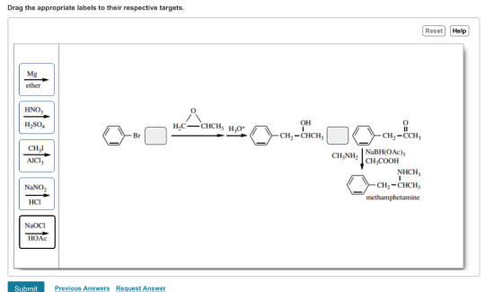 Drag the appropriate labels to their respective targets Reset Help Mg ether HNO ?.so, CH3l H,C-CHCH, ?? H,0+ CH2-CHCH CH2-CCH CH,NH, NaBH(OAc) AICI CH COOH NHCH CH2 CHCH methamphetamine NaNO2 HCI NaOCI HOAc Submit Previous Answers Request Answer