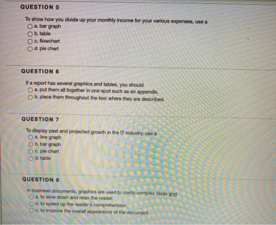 QUESTION 5 To show how you divide up your monthly income for your various expenses, use a a. bar graph b. table c. flowchart
