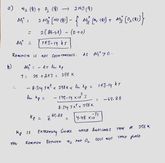 a) NZ (0) + 02 (9) 21019) AG° = 200; (no (93) - AG (^2 ()3 + AG; ([0,60)] = 2(86.5-7) - (0 +0) AG = 173014 ks REACION IS NOT
