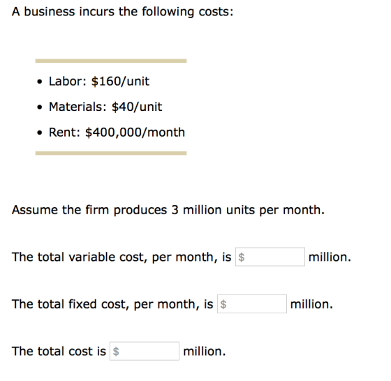 A business incurs the following costs: Labor: $160/unit Materials: $40/unit Rent: $400,000/month Assume the firm produces 3 million units per month. The total variable cost, per month, is$ million. The total fixed cost, per month, is $ million The total cost is $ million.