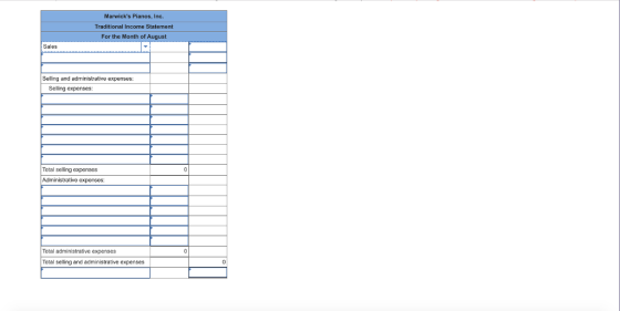 Marwicks Pianos, Inc. Traditional Income Statement For the Month of August Sales Selling and administrative expenses: Selling expenses: Total selling expenses istrative cxpens Total administrative expenses Total selling and administrative expenses