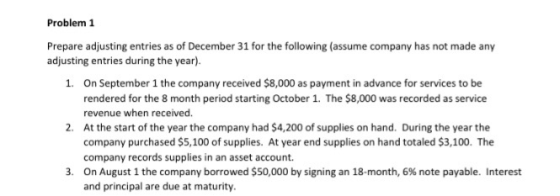 Problem 1 Prepare adjusting entries as of December 31 for the following (assume company has not made any adjusting entries du