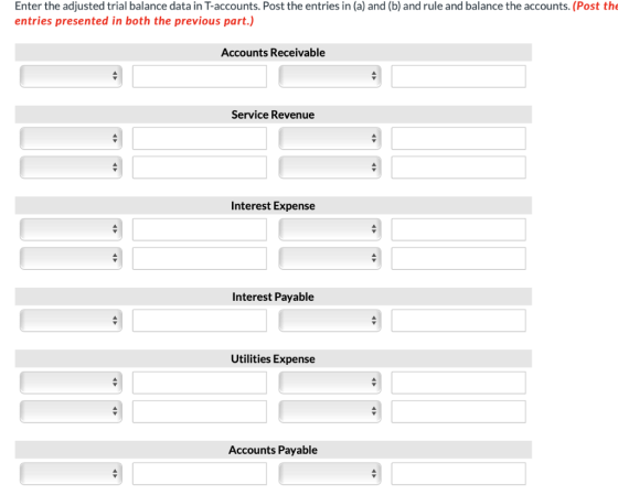 Enter the adjusted trial balance data in T-accounts. Post the entries in (a) and (b) and rule and balance the accounts. (Post