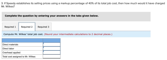 3. If Speedy establishes its selling prices using a markup percentage of 40% of its total job cost, then how much would it ha