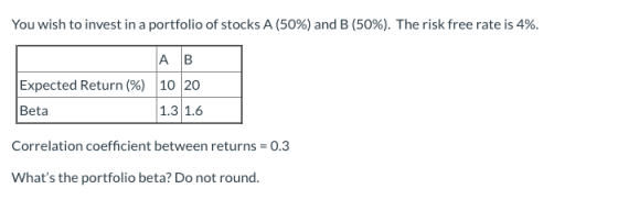 You wish to invest in a portfolio of stocks A (50%) and B (50%). The risk free rate is 4%. AB Expected Return (%) 10 20 Beta